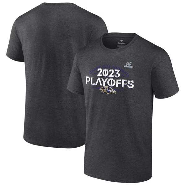 Men's Baltimore Ravens Heather Charcoal 2023 Playoffs T-Shirt,We sell and wholesale Men's Baltimore Ravens Heather Charcoal 2023 Playoffs T-Shirt on line form chian!